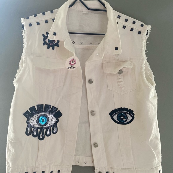 Jackets & Blazers - Evil eye 🧿 Custom evil eye denim vest!! BRAND NEW!!! WHITE